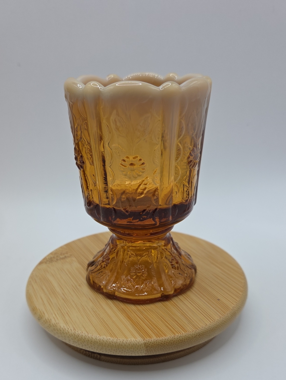 Fenton Amber Glass Pedestal Holder with Scalloped Rim